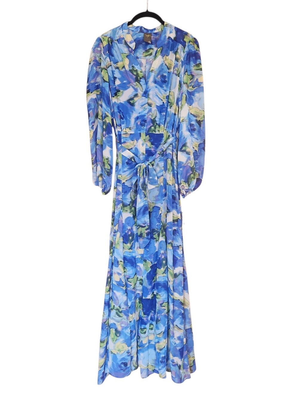 NWT TAYLOR BLUE WATERCOLOR CHIFFON MAXI DRESS SIZE 10 LONG SLEEVE LIGHTWEIGHT - Picture 3 of 13